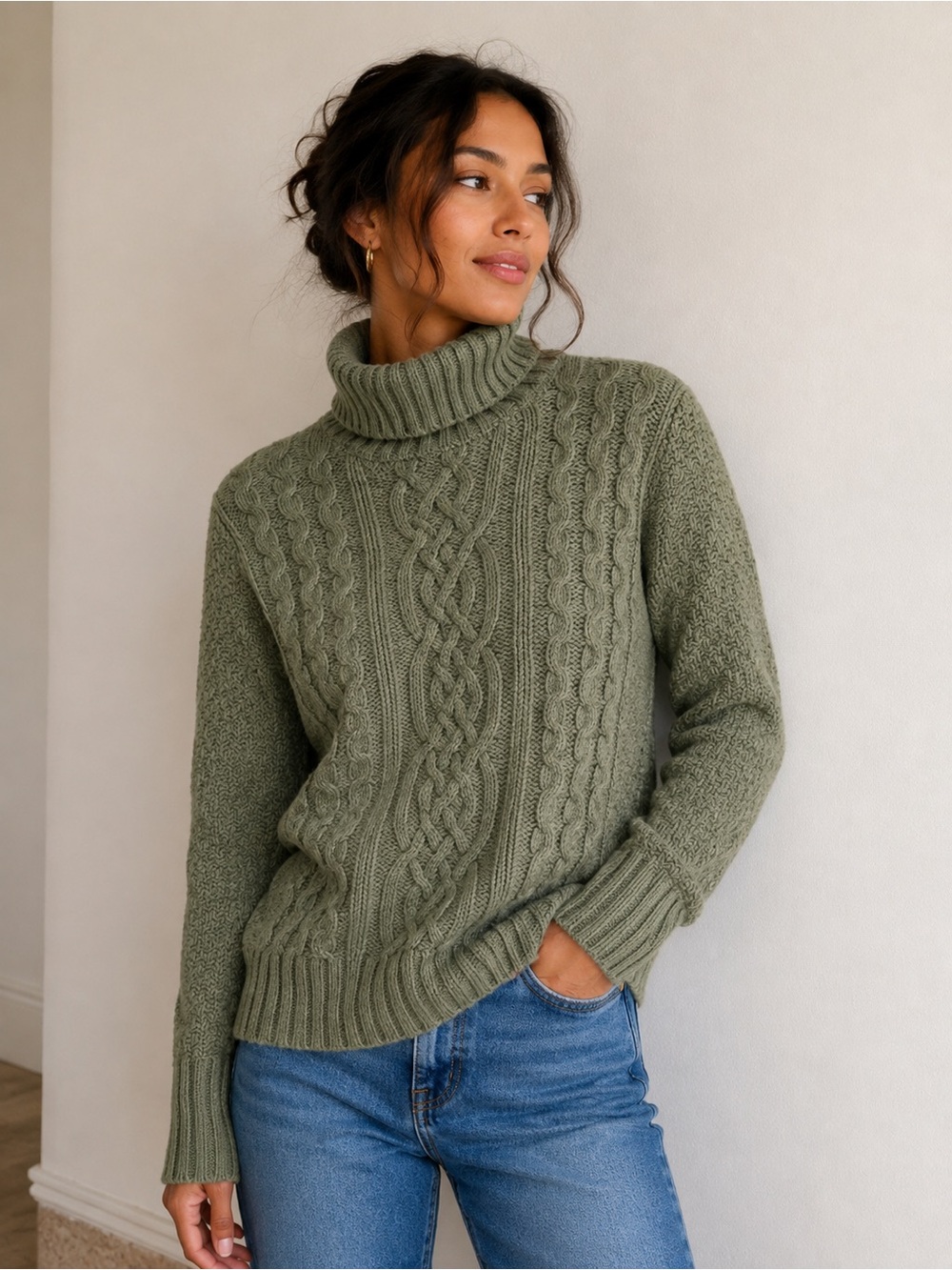 Eddie Bauer Women’s Lambswool Cable Knit Turtleneck Sweater Green Size L